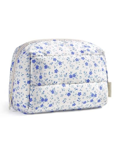 BAGSMART Puffy Makeup Bag, Wide Opening Cosmetic Organizer, Soft Water-Resistant Travel Toiletry Pouch for Women for Purse, Compact & Spacious - color: 02-Blue Ditsy Floral