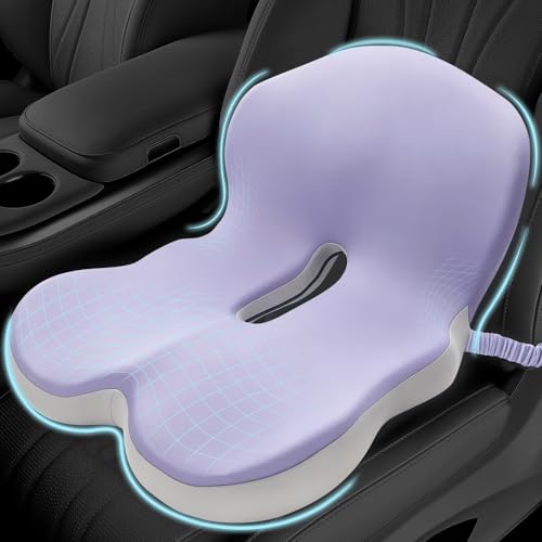 Memory Foam Seat Cushion for Sciatica & Back Pain Relief - Ergonomic Chair Pad with Adjustable Strap & Supportive Comfort Cover, Non-Slip for Car, Truck, Office Chair -Purple - color: Purple