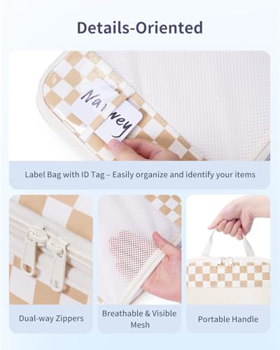 Narwey 6 Set Compression Packing Cubes for Travel Women Men, Travel Cubes for Carry On Suitcase, Durable Compression Luggage Organizer Bags - color: ZZ-Light Checkerboard