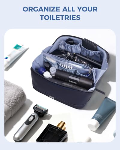 WANDF Toiletry Bag for Men, PU Leather Dopp Kit with Detachable Waterproof Hanging Pouch and Wet Pocket (Navy Blue) - color: Navy Blue