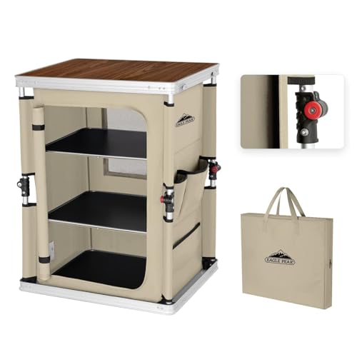 EAGLE PEAK Outdoor Folding Camping Table with Large 3-Tier Storage Organizer and Side Pockets, Easy Set Up Portable Aluminum Camping Kitchen, Beige - color: Beige, size: 18.9 x 23.6 x 31.5 IN