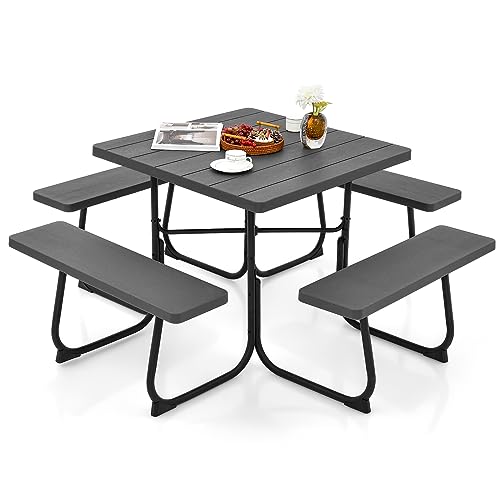 Giantex Picnic Table Bench Set for 8 Persons, Square Outdoor Table with Umbrella Hole, HDPE Top & Metal Frame, 2000LBS Capacity, Patio Table Bench Set for Deck Backyard Garden, Black - color: Black, size: Square-35"x35"x30"
