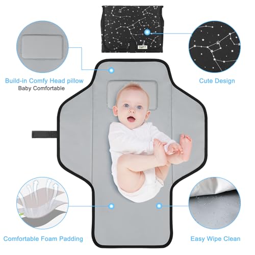 Portable Changing Pad Travel - Waterproof Compact Diaper Changing Mat with Built-in Pillow - Lightweight & Foldable Baby Diaper Changer - color: Black-Star