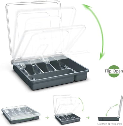 Utensil Holder for Countertop with Lid, Plastic Silverware Tray for Drawer (Gark Gray) - color: Gark Gray