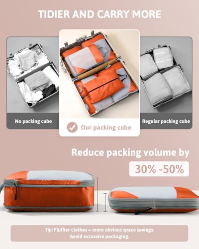 Meowoo 7 Set Compression Packing Cubes for Travel, Durable Ripstop Mesh Suitcase Organizer with Shoe Bag, Ultralight & Expandable Space Saver Travel Cubes - color: Orange