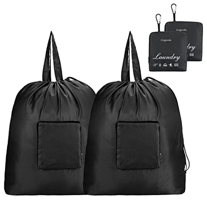 GOGOODA Travel Laundry Bags with Drawstring Closure XL Large Foldable Dirty Clothes bags with Handle Heavy Duty and Washable for College Dorm Travelling Camping, 2 Pack, Black - color: Black