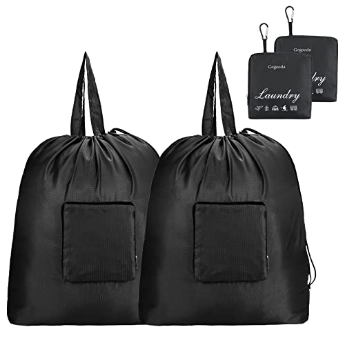GOGOODA Travel Laundry Bags with Drawstring Closure XL Large Foldable Dirty Clothes bags with Handle Heavy Duty and Washable for College Dorm Travelling Camping, 2 Pack, Black - color: Black