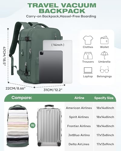 Vacuum Seal Travel Backpack Built-in Pump,Air Compression System Vacuum Vacpack Backpack Travel Bag for Women Men Carry On Suitcase Luggage Laptop Airlines Approved Daypack Space Saver Bags Dark Green - color: A3-dark Green