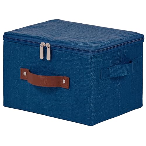 Storage Bins with Zipper Lid Cotton Linen Fabric Lidded Storage Baskets Boxes Foldable Washable Closet Shelf Clothes Organizer Container with PU Leather Handles (Deep Blue, Small) - color: Deep Blue, size: Small ( Set of 1 )