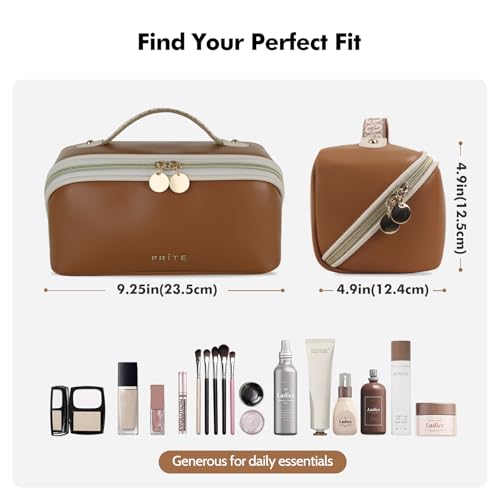 Prite Makeup Bag for Women Travel Waterproof Vegan Leather Cosmetic Bag Open Flat Toiletry Bag With Clear Divider and Handle (Dark Brown, Medium) - color: Dark Brown, size: Medium