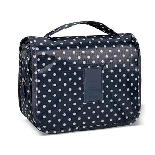 Portable Hanging Toiletry Bag for Travel,Small Multifunctional Makeup Cosmetic Bag for Women,Waterproof Travel Toiletries Organizer,Shower Bathroom Pouch with Hook for Gym,Camping - Navy Blue Dots - color: Navy Blue Dots