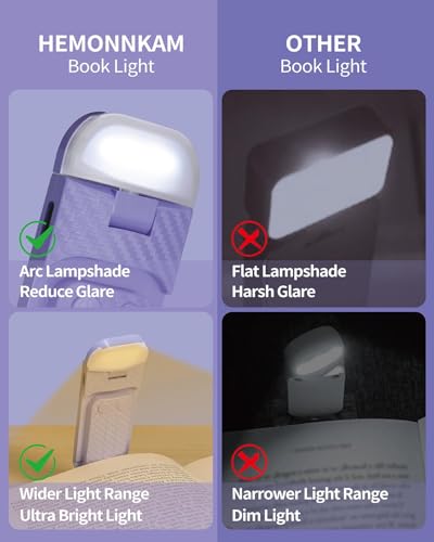 HEMONNKAM Book Reading Light, 2 Pack Rechargeable Clip on Booklight, Eye Caring 3 Color Temperatures & 5 Brightness Levels, Night Use for Bed, Long Lasting, Reading at Night in Bed, Purple+Pink - color: Purple+Pink