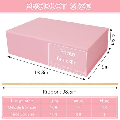 Large Pink Gift Box with Ribbon, 13.8" x 9" x 4.3" Groomsmen Proposal Box for Presents with Magnetic Closure Lids, Rectangle Collapsible Luxury Storage Box for Anniversary Wedding Birthday, 1 Pack - size: 1 Count (Pack of 1)