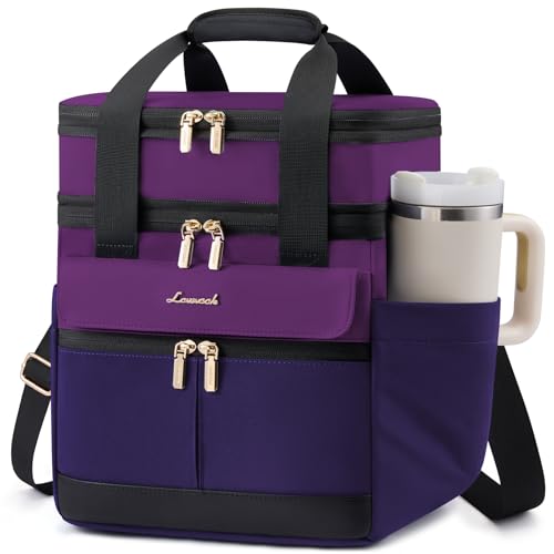 LOVEVOOK Insulated Lunch Bag Women Men,Expandable Double Deck Lunch Box for Women With Large Cup Holder,Leakproof Cooler Bag For Adult Lunch Tote Bag Work Picnic Beach with Adjustable Shoulder Strap - color: Dark Purple with Black, size: X Large —23L