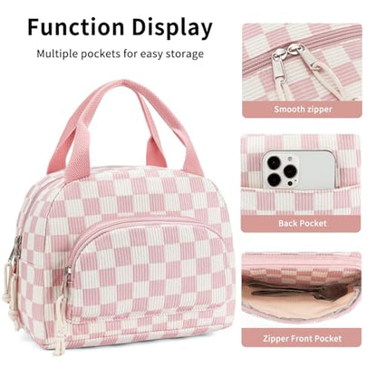 Lunch Bag Women Lunch Box for Women Adult Cute Insulated Lunch Bag Small Cooler Lunch Tote Bags for Work Picnic School (Beige-Pink Plaid) - color: Beige-Pink Plaid