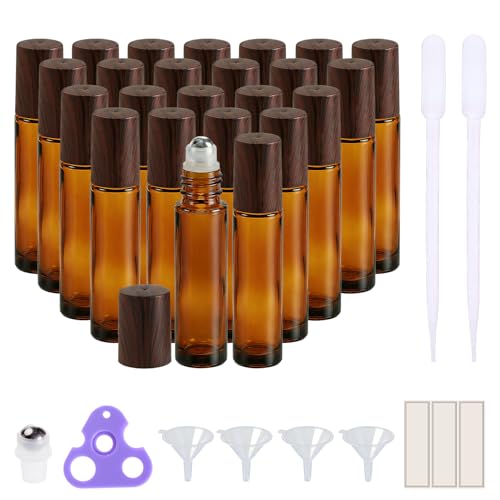 PrettyCare 24 Pack, 10 ml Essential Oil Roller Bottles with Stainless Steel Roller Ball - Refillable Leak-proof Empty Thick Amber Glass Roll on Bottles with Wooden Caps for Travel, Perfume - color: Amber with Wooden Cap, size: 24 Pack