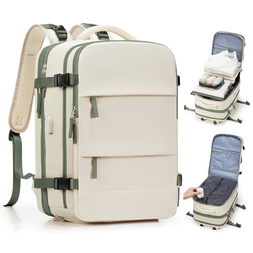 wepadre Vacuum Backpack Travel with Pump Travel Backpack with Vacuum System Expandable Vacpack Compression Backpacks for Travel Easy Vac Pack Carry on Luggage - color: Beige With Green