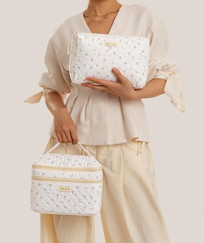 HBselect 2Pcs Travel Makeup Bag, Large Cotton Quilted Makeup Bag Cosmetic Bag Cute Make up Bag Toiletry Bags for Women Girls - color: 2PCS-CHERRY