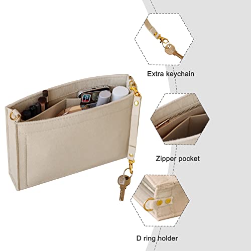 Felt Hangbag Tote Organizer Insert Fits Toiletry Pouch 26x19 Messenger Bag Insert with Gold Buckle&Keychain (Beige) - color: Beige, size: Small-19