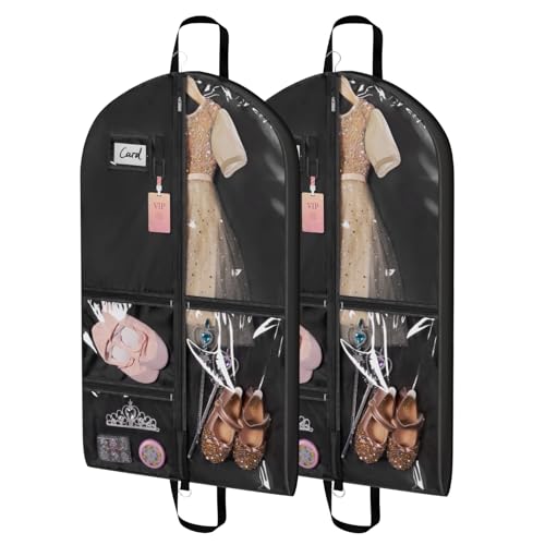 Univivi Dance Costume Garment Bag, 40" Waterproof Hanging Garment Bag for Travel, Kids Dance Clothes Bag with 5 Clear Pockets and Handles for Dance Costumes and Sports, Black - [2 Pack] - color: Black, size: 2 Pack