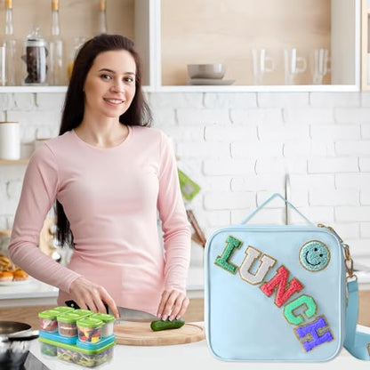 Insulated Lunch Bag With Adjustable Shoulder Strap, Nylon Preppy Lunch Box Large Insulated Lunch Bag Reusable Lunch Tote Bag with Smiley Preppy LunchBag for Girls School Travel Picnic (Blue) - color: Blue