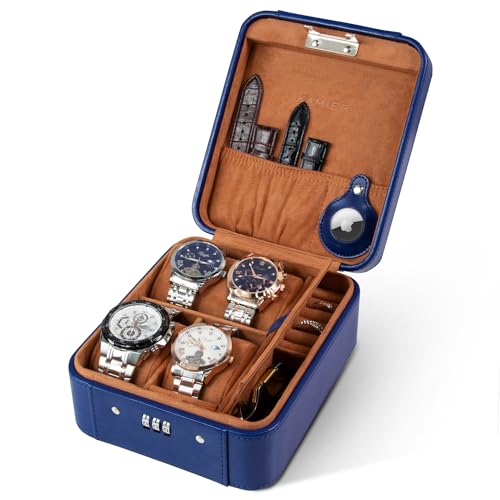 KAMIER Watch Case with Combination Lock - 4 Watch Storage and Jewelry Organizer - Watch Travel Case for Ring and Watch Storage, PU Leather Travel Watch Case, Ideal for Gift (With Gift Box),Blue - color: Blue