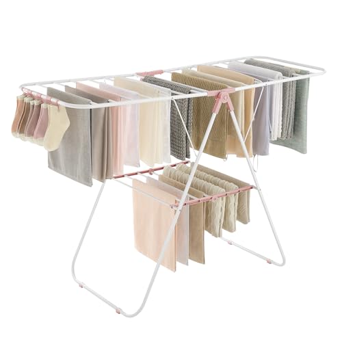SONGMICS Clothes Drying Rack, with Sock Clips, Metal Laundry Rack, Foldable, Space-Saving, Free-Standing Airer, with 2 Height-Adjustable Gullwings, Indoor Outdoor Use, White and Pink ULLR052P01 - color: White + Pink, size: 1 Tier （21.7"d x 58.3"w x 39.4"h