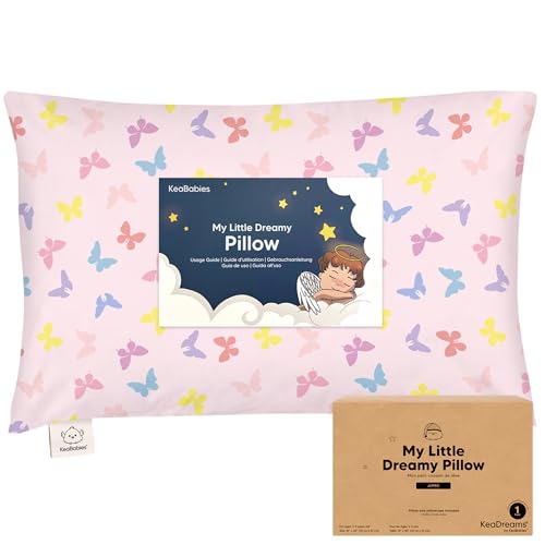 KeaBabies Organic Toddler Pillow with Pillowcase, Jumbo 14X20 - Soft Cotton Toddler Pillows for Sleeping - Machine Washable - Perfect for Travel, Toddler Bed Set (Flutter) - color: Flutter