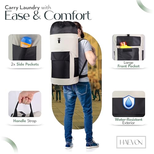 Haevon Laundry Backpack - 131L Heavy Duty Laundry Bag with Padded Shoulder & Waist Straps, Removable Liner College, Dorm, Apartment, Travel, Outdoor - Big Laundry Bag for Easy Carrying (Grey Black) - color: Gray and Black
