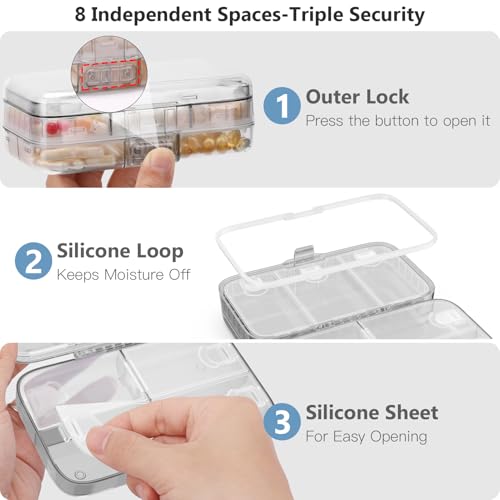FYY Weekly Pill Organizer with Labels,8 Compartments Travel Daily Pill Case Airtight Moistureproof Large Pill Box to Hold Vitamins, Fish Oil, Supplements,Cotton Swab and Bandages-Grey - color: Grey