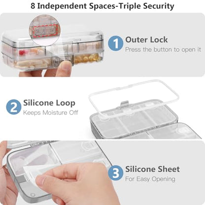 FYY Weekly Pill Organizer with Labels,8 Compartments Travel Daily Pill Case Airtight Moistureproof Large Pill Box to Hold Vitamins, Fish Oil, Supplements,Cotton Swab and Bandages-Grey - color: Grey