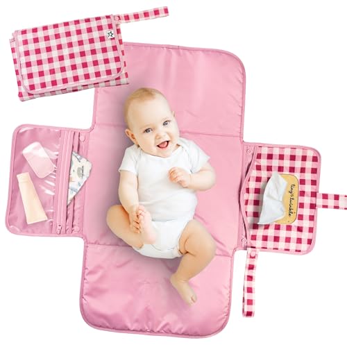 Tiny Twinkle Portable Diaper Changing Pad | Waterproof, Wipeable & Compact Baby Changing Pad for Travel | Smart Wipes Pocket & Organized Storage| Newborn Shower Gift (Raspberry Gingham) - color: Raspberry Gingham