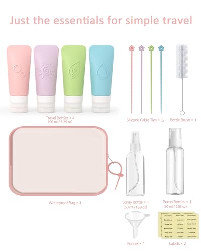 16-Piece Silicone Travel Bottles Set – TSA Approved Leakproof Toiletry Kit with Flat Easy-Squeeze Bottles, Pump & Spray, Waterproof Bag - color: 16B-Pink, size: 16