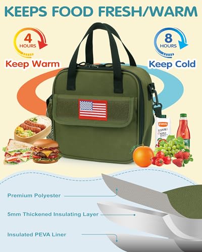 Tactical-style Lunch Bag 5L Kids Lunch Bag with Adjustable Shoulder Strap Easy to Clean Leakproof Wipeable liner Toddler Lunch Box Bag for Boys Girls School and Daycare - color: Green