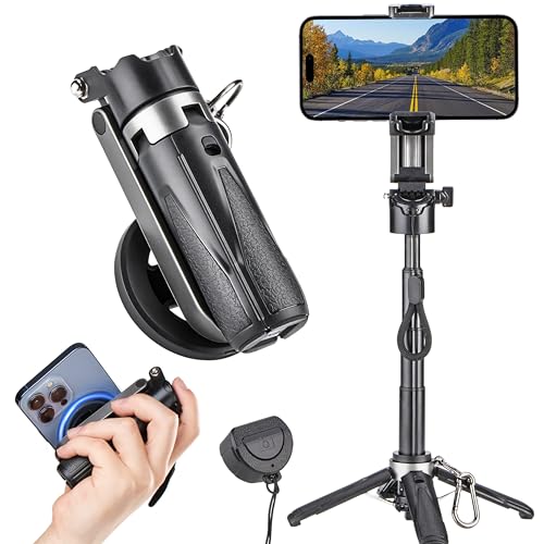 MQOUNY for Magsafe Tripod Stand for iPhone,Portable Pocket Size Selfie Stick with Rechargeable Remote and Metal Ring,Extendable Detachable Cell Phone Tripod Compatible with iPhone/Android - color: Black
