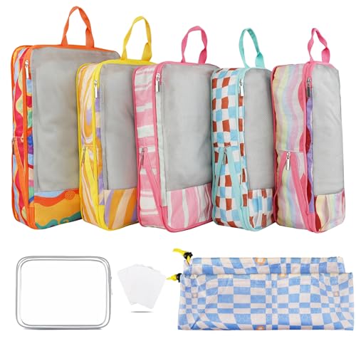 7 Pcs Compression Packing Cubes Travel for Suitcases, Luggage Organizer Washable Storage Bags Set for Backpack Travel- Packaging Cubes for Carry-Ons and Storage - color: pink blue yellow