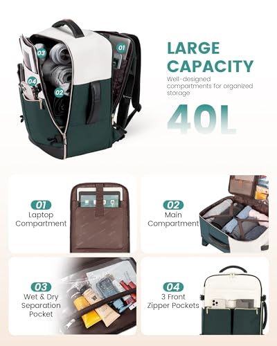 LOVEVOOK Travel Backpack, Carry On Backpack for Women, 40L Flight Approved Personal Item Backpack, Large Water Resistant Luggage Daypack with 3 Packing Cubes, fits 17inch Laptop, Beige-green-black - color: Beige-green-black, size: 40L-17.3 Inch-4Pcs
