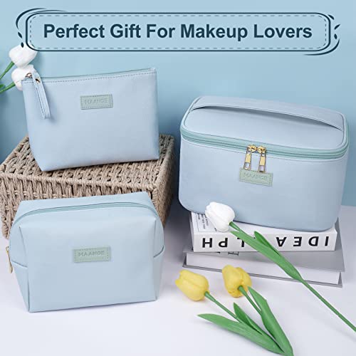 MAANGE Makeup Bag Large Cosmetic Bag with 2pcs Small Makeup Bags Portable Leather Travel Makeup Bag Set Toiletry Bag Make Up Bags for Women and Girls (Blue) - color: Blue