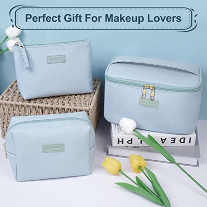 MAANGE Makeup Bag Large Cosmetic Bag with 2pcs Small Makeup Bags Portable Leather Travel Makeup Bag Set Toiletry Bag Make Up Bags for Women and Girls (Blue) - color: Blue