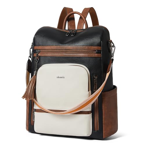 Shrrie Vegan Leather Laptop Backpack for Women 15.6 inch Work Backpack Fashion Travel Backpack Purse for Business College - color: Black With Brown and White