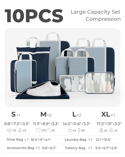 Percover Compression Packing Cubes for Travel, 10-Piece Structured Compression Organizer Set with Toiletry Bag, Laundry Bag & Shoe Bag for Carry-On & Checked Luggage, Navy Blue - color: Navy Blue, size: 10 Set