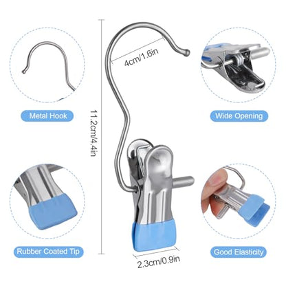 100PCS Space-Saving Clothespin Hat Pants Storage Hanging Travel Hook,Portable 360° Rotating Stainless Steel Hanging Hook Clips Towel Clips,Laundry Hooks Hanging Clips with Clips for Home and Travel - color: Blue 100pcs