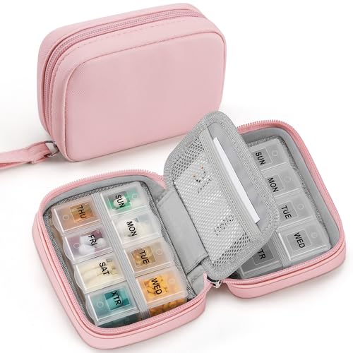 Zannaki Cute Pill Organizer for Purse with Two Removable 7-Day Pill Box, Travel PU Leather Pill Case, Portable Weekly Pill Container with Storage Bag to Hold Vitamins, Fish Oils, Supplements (Pink) - color: Pink
