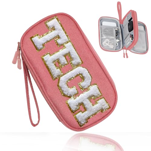 COSHAYSOO Cord Charger Organizer Travel Case Traveling Trip Gifts for Women TECH Bag Chenille Letter Pouch, Electronics Accessories Summer Camp College Dorm Essentials Must Have for Teen Girls Pink - color: Pink