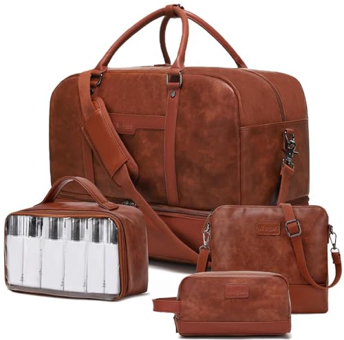Wogarl Weekender Bag for Women Men Large Overnight Bag Travel Duffel Bag with Shoe Compartment Toiletry Satchel Bag Carry On Bag Fit 21" Laptop - color: Dark Brown