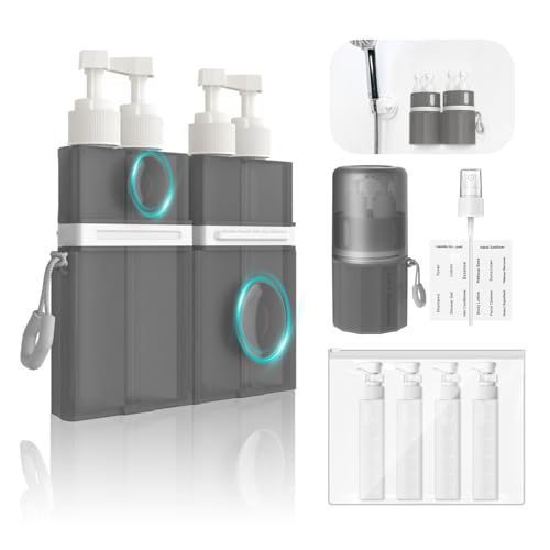 YOTIME 4 in 1 Travel Dispenser Bottle, Vacuum Silicone Suction Cup for Smooth Walls, TSA Approved Leak Proof Travel Size Containers for Hotel, Swimming, Gym, Camping, Gray - color: Gray