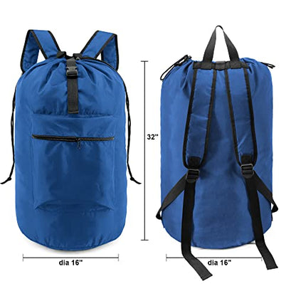 BeeGreen Laundry-Bag-Backpack-Heavy-Duty, Royal Blue Nylon Drawstring Portable Laundry Backpack Tall Foldable Extra Large Dirty Clothes Travel Bag with Handle College Dorm Apartment Essentials - color: Royal Blue, style: With Front Zipper Pocket