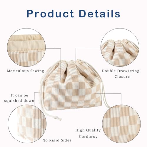 Cotton Quilted Drawstring Makeup Bag with Canvas Lining,Coquette Aesthetic Cute Travel Toiletry Bag,Drawstring Gift Bag for Women and Girls（19 Beige Checker） - color: 19 Beige Checker