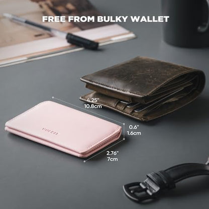 VULKIT Slim Minimalist Card Holder RFID Blocking Leather Credit Card Holder Front Pocket Wallet Magnetic Closure - color: Pink