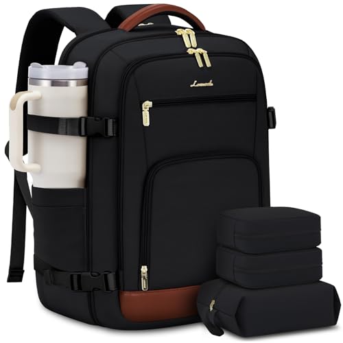 LOVEVOOK Travel Backpack For Women Flight Approved, 50L Large Carry On Backpack For Airplanes, Personal Item Travel Bag, Waterproof 18 Inch Laptop Backpack For Business Weekender Overnight, 4Pcs Set - color: Black-brown, size: 50l-18 Inch-4pcs